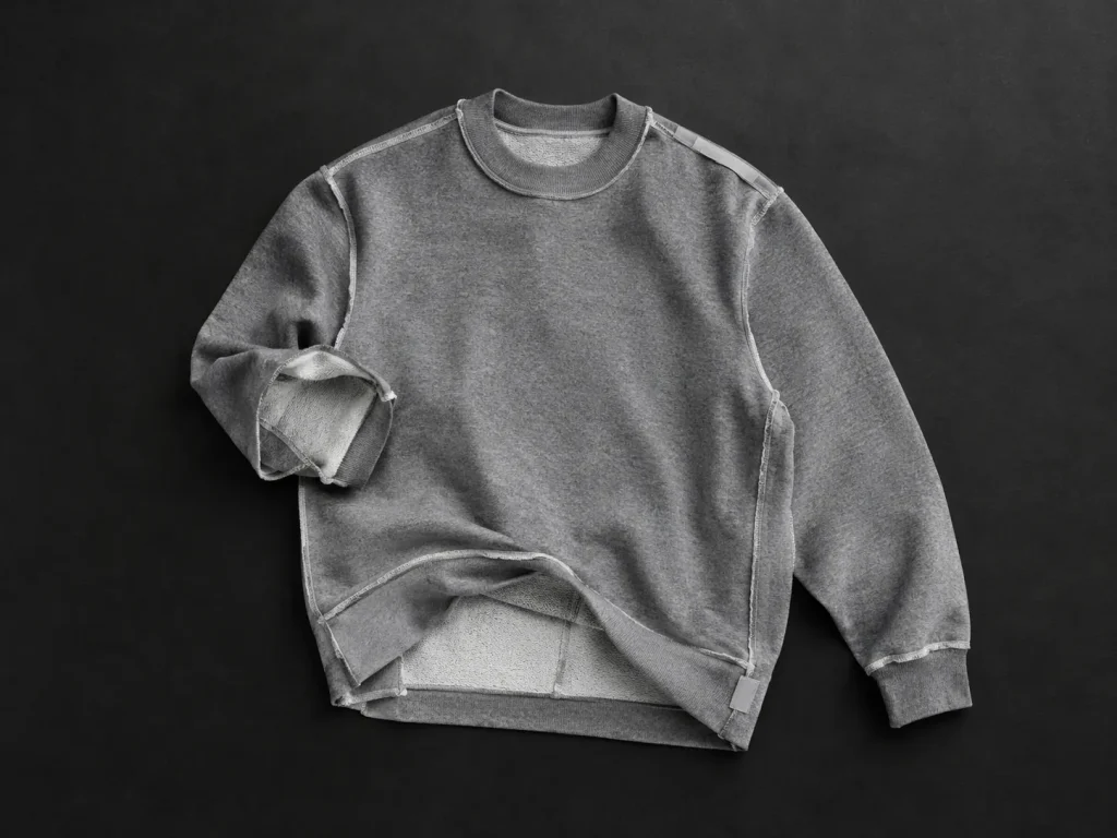 En sweatshirt med ét ærme og kanten vendt, så indersiden ses