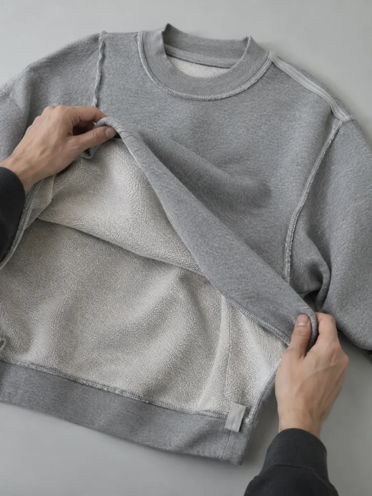 Hands turning a grey marl sweatshirt inside out